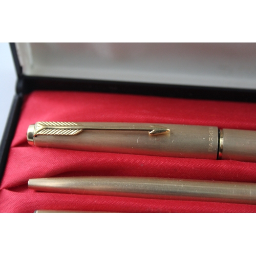 474 - Vintage Parker 65 Gold Plated Fountain Pen Set w/ 14ct Gold Nib WRITING Boxed