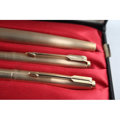 474 - Vintage Parker 65 Gold Plated Fountain Pen Set w/ 14ct Gold Nib WRITING Boxed