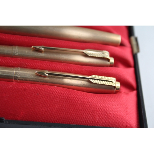 474 - Vintage Parker 65 Gold Plated Fountain Pen Set w/ 14ct Gold Nib WRITING Boxed