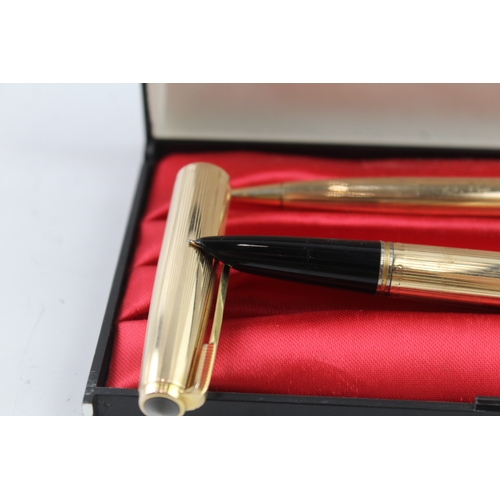 487 - Vintage Parker 51 Gold Plated Fountain Pen w 14ct Gold Nib WRITING Boxed