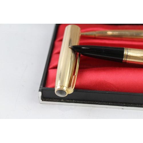 487 - Vintage Parker 51 Gold Plated Fountain Pen w 14ct Gold Nib WRITING Boxed