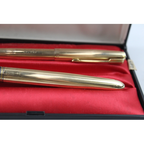 487 - Vintage Parker 51 Gold Plated Fountain Pen w 14ct Gold Nib WRITING Boxed