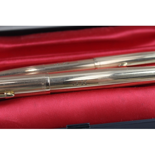 487 - Vintage Parker 51 Gold Plated Fountain Pen w 14ct Gold Nib WRITING Boxed