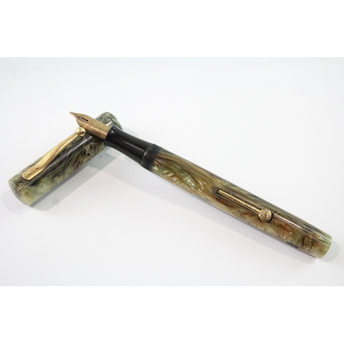 494 - Vintage Waterman Ideal Green Marble Effect Fountain Pen w/ 14ct Gold Nib WRITING