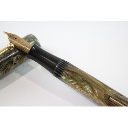 494 - Vintage Waterman Ideal Green Marble Effect Fountain Pen w/ 14ct Gold Nib WRITING