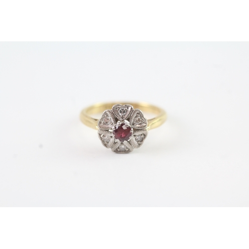 101 - 18ct gold diamond and ruby cluster ring (2.3g) Size G