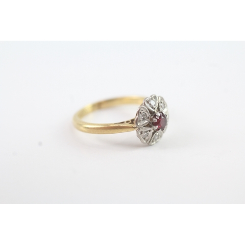 101 - 18ct gold diamond and ruby cluster ring (2.3g) Size G