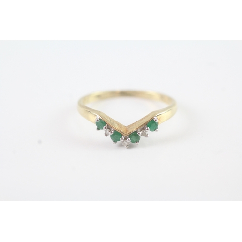 112 - 9ct gold diamond and emerald wish bone ring (1.6g) Size N 1/2