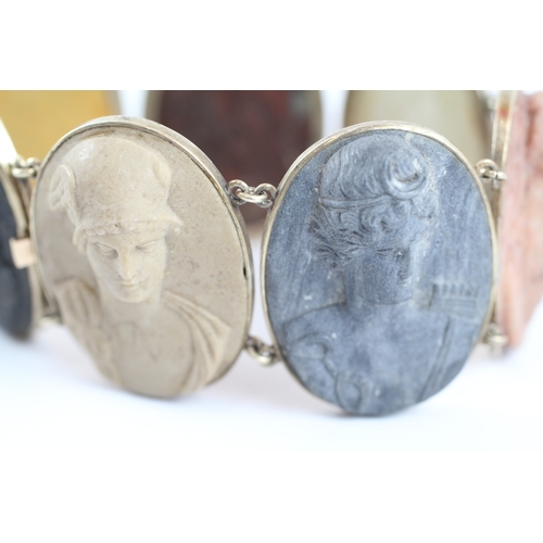 12 - 9ct gold Victorian lava stone cameo Greek pantheon bracelet (70.7g)