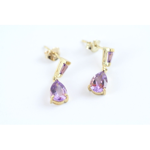 14 - 9ct gold amethyst drop earrings (1.4g)