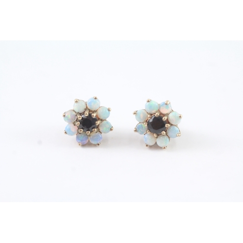 150 - 9ct gold opal and blue gemstone set cluster stud earrings (2.3g)