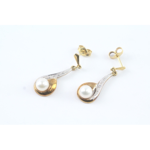 153 - 9ct gold cultured pearl & diamond drop earrings (3.2g)