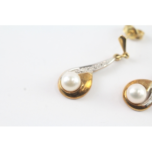 153 - 9ct gold cultured pearl & diamond drop earrings (3.2g)