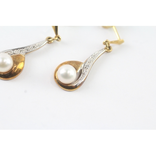 153 - 9ct gold cultured pearl & diamond drop earrings (3.2g)