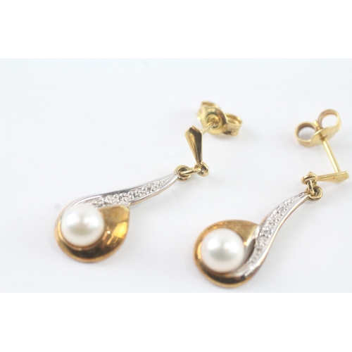 153 - 9ct gold cultured pearl & diamond drop earrings (3.2g)