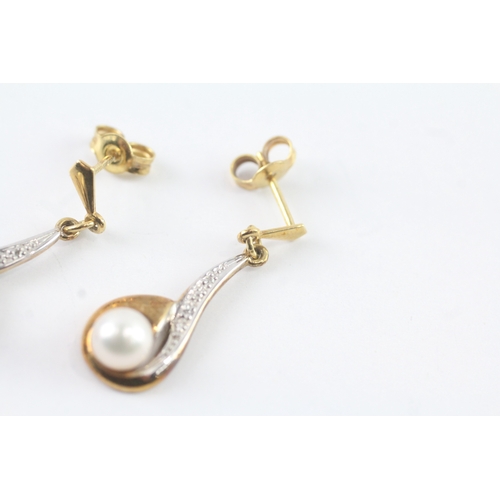 153 - 9ct gold cultured pearl & diamond drop earrings (3.2g)