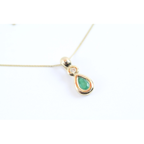 17 - 9ct gold emerald & diamond drop pendant necklace (1.9g)