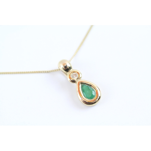 17 - 9ct gold emerald & diamond drop pendant necklace (1.9g)