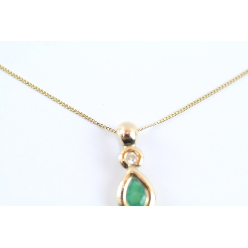 17 - 9ct gold emerald & diamond drop pendant necklace (1.9g)