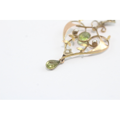 175 - 9ct gold Edwardian green paste & seed pearl lavalliere pendant (2.2g)