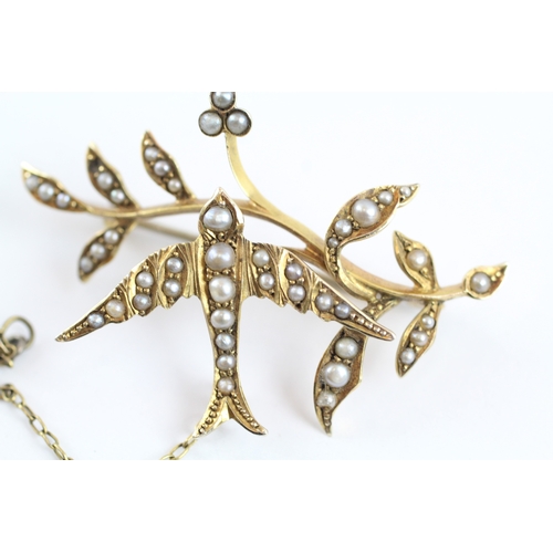 18 - 9ct gold Victorian seed pearl bird & branch brooch (4.9g)