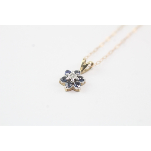 193 - 9ct gold sapphire & diamond cluster pendant necklace (1g)