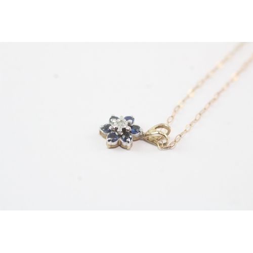 193 - 9ct gold sapphire & diamond cluster pendant necklace (1g)