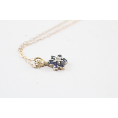 193 - 9ct gold sapphire & diamond cluster pendant necklace (1g)