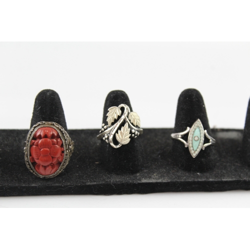 209 - Collection of Sterling Silver Rings inc. Cinnabar, Enamel, Fossil x 4 19g