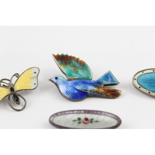 215 - Collection of Sterling Silver Antique Enamel Brooches inc. Guilloche x 4 14g