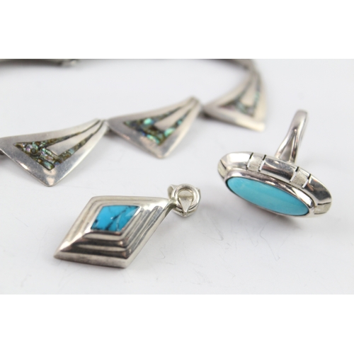 241 - Collection of Sterling Silver Mexican Jewellery inc. Abalone, Turquoise x 3 51g