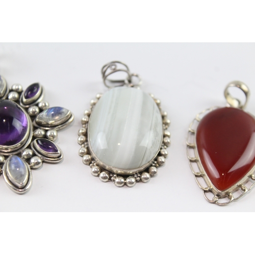 250 - Collection of Sterling Silver Gemstone Pendants inc. Moonstone, Agate x 4 60g