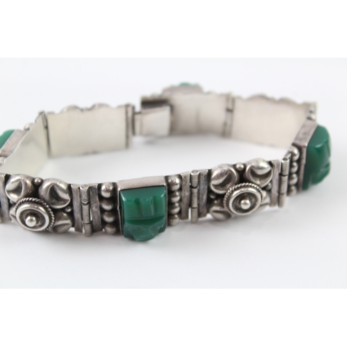 252 - Sterling Silver Carved Green Onyx 1950s Panel Bracelet 37g