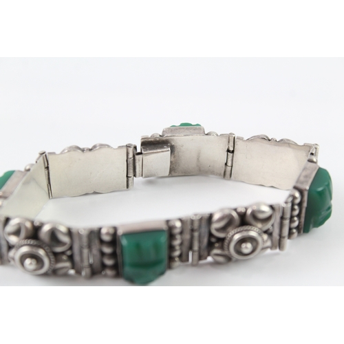 252 - Sterling Silver Carved Green Onyx 1950s Panel Bracelet 37g