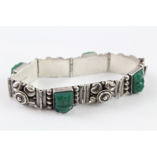 252 - Sterling Silver Carved Green Onyx 1950s Panel Bracelet 37g