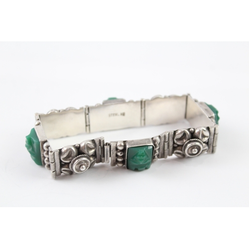 252 - Sterling Silver Carved Green Onyx 1950s Panel Bracelet 37g