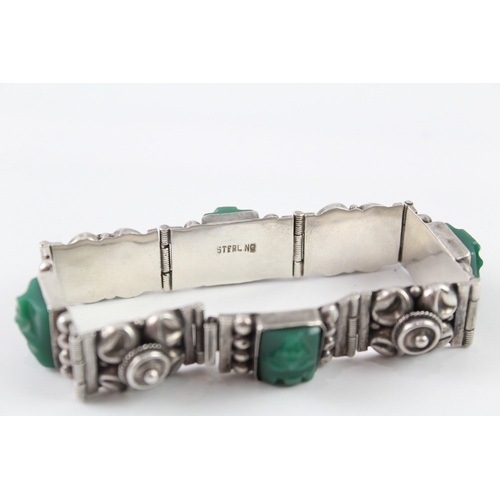 252 - Sterling Silver Carved Green Onyx 1950s Panel Bracelet 37g