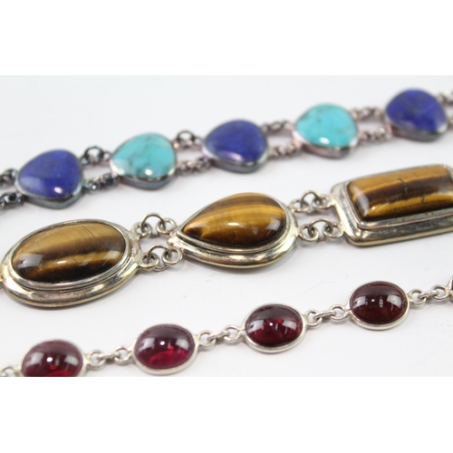 278 - Collection of Sterling Silver Gemstone Bracelets inc. Tigers Eye, Lapis x 3 52g