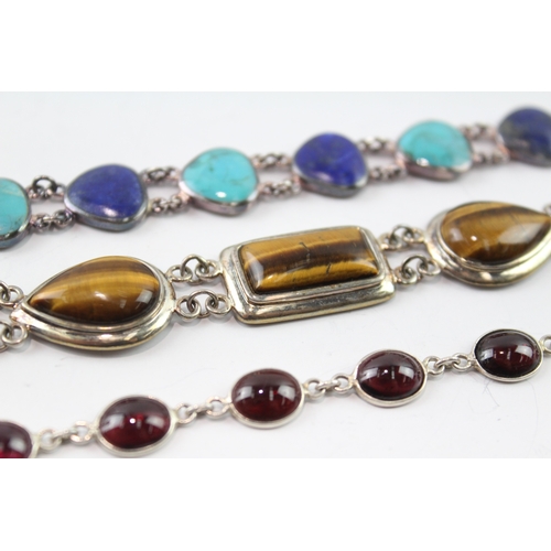 278 - Collection of Sterling Silver Gemstone Bracelets inc. Tigers Eye, Lapis x 3 52g