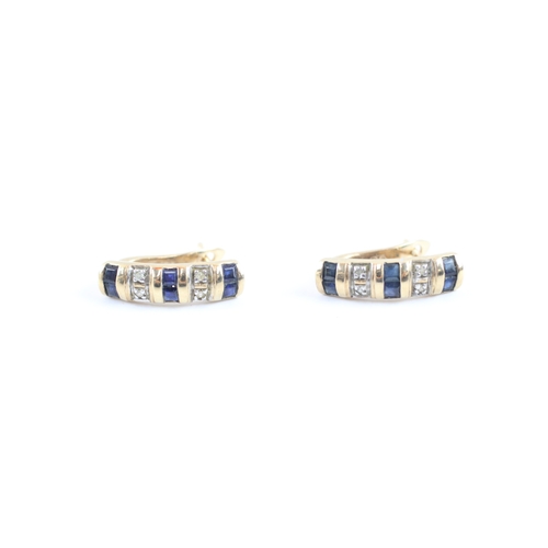 29 - 9ct gold diamond & sapphire hook earrings (2.6g)