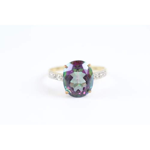 30 - 9ct gold mystic topaz & diamond claw set dress ring (1.8g) Size O