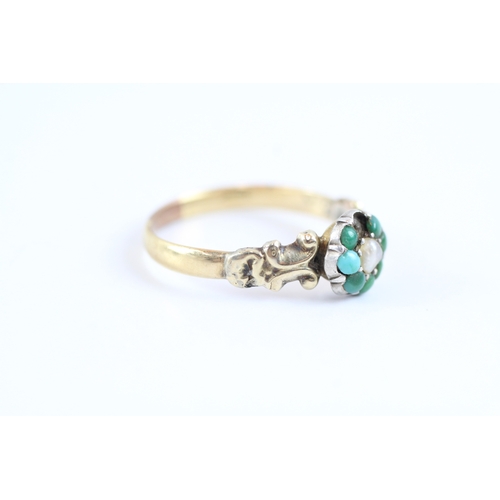 32 - 9ct gold + silver head turquoise & split pearl dress ring (1.9g) Size P