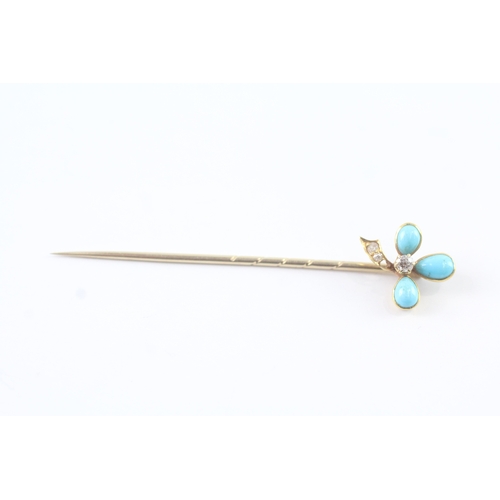 40 - 18ct gold head & 9ct gold pin turquoise & diamond stick pin (2.5g)