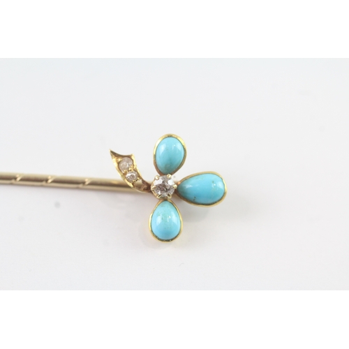 40 - 18ct gold head & 9ct gold pin turquoise & diamond stick pin (2.5g)