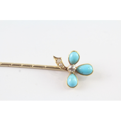 40 - 18ct gold head & 9ct gold pin turquoise & diamond stick pin (2.5g)