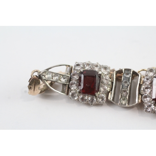 7 - 9ct gold & silver white sapphire & garnet cushion cluster bracelet (14.2g)