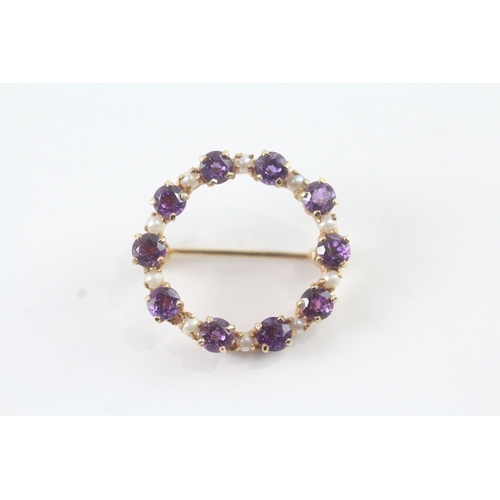 73 - 9ct gold pearl and amethyst set halo brooch (3.9g)