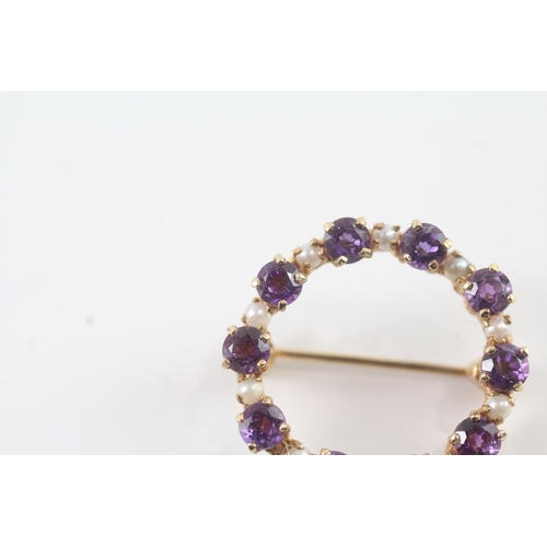 73 - 9ct gold pearl and amethyst set halo brooch (3.9g)