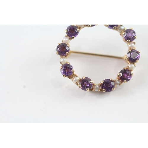 73 - 9ct gold pearl and amethyst set halo brooch (3.9g)