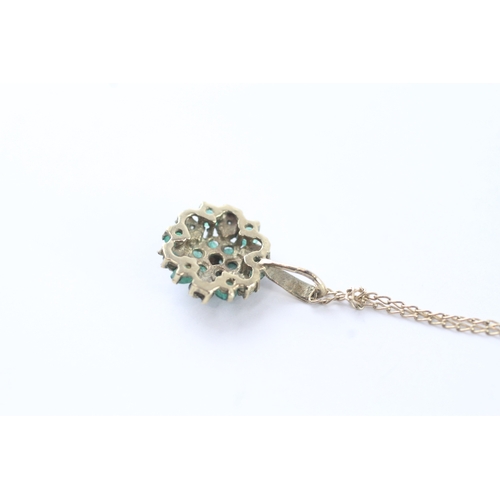 79 - 9ct gold emerald & diamond cluster pendant necklace (1.9g)